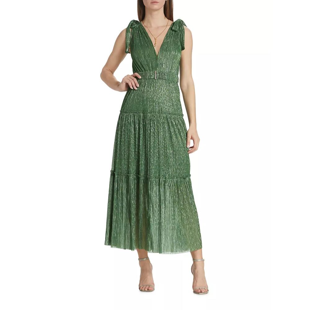 Sabina Musayev Green Metallic Tiered Maxi Dress